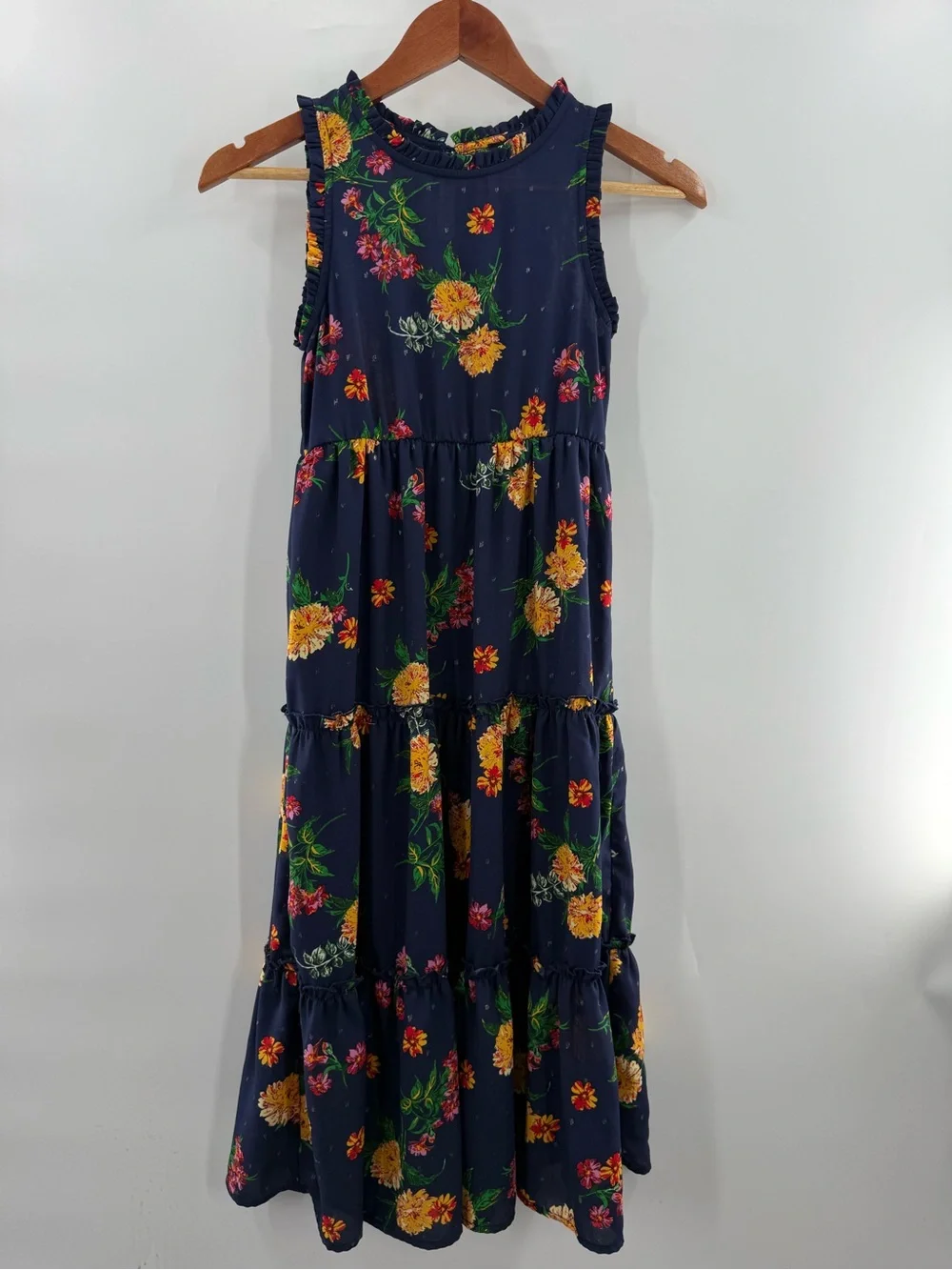 Zunie Girls Navy Floral Tiered Ruffle Trim Boho Maxi Dress Size 10
